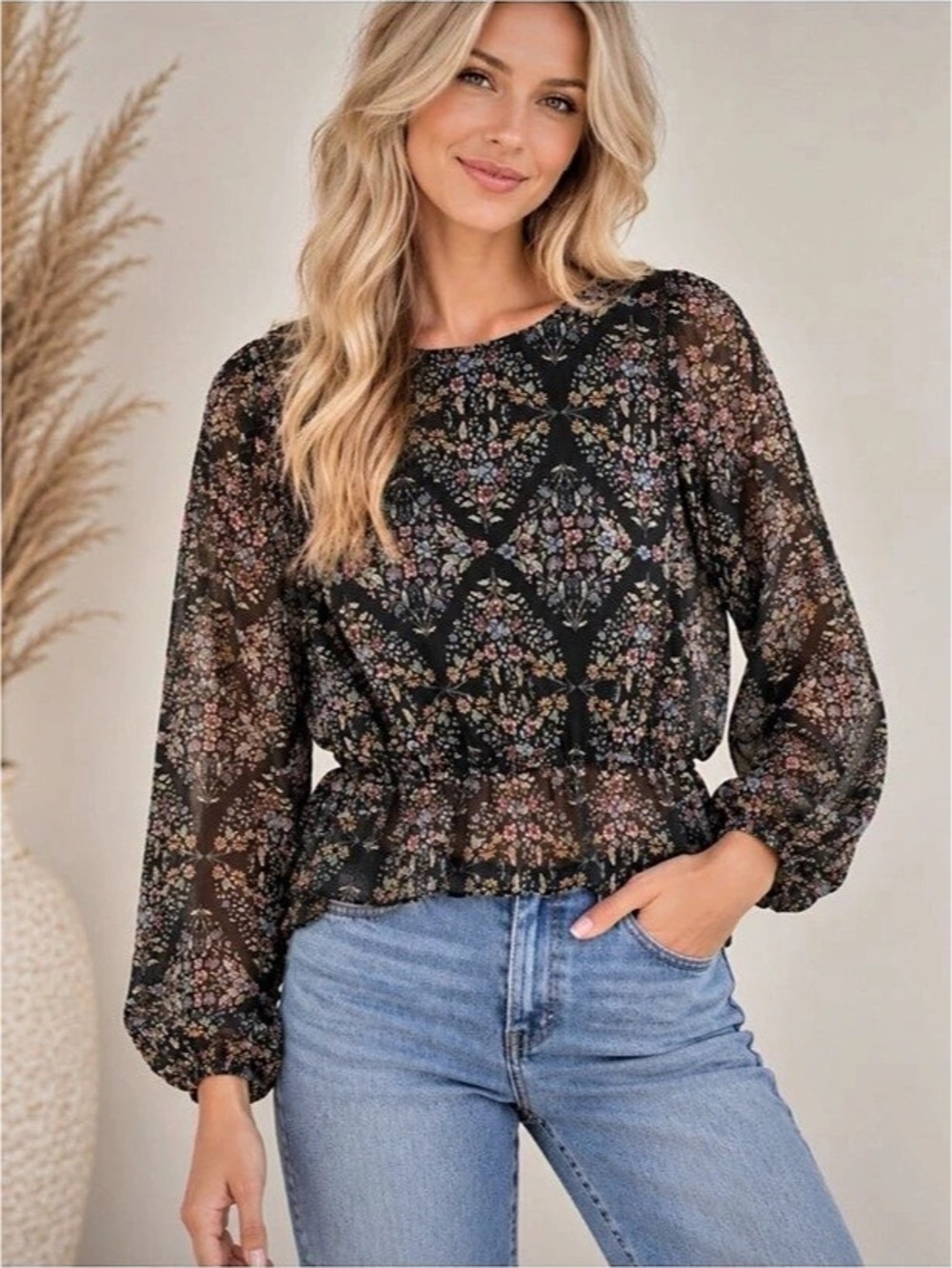 Lovestitch PRINTED LONG SLEEVE SPLIT BACK TOP WITH LADDER TRIM